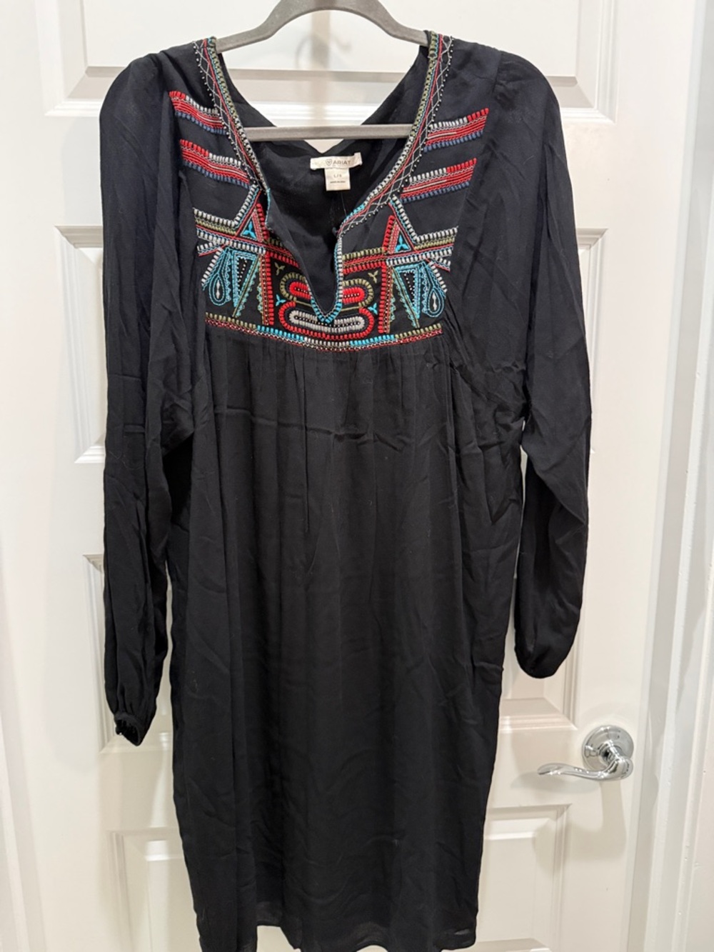 Ariat Black Long-Sleeve Tunic Dress with Red & Teal Embroidery